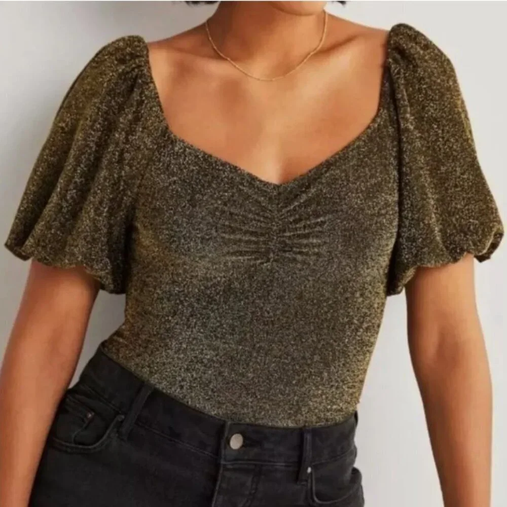 Boden Black Gold Metallic Sparkle Jersey Top Short Puff Sleeves Fitted Blouse